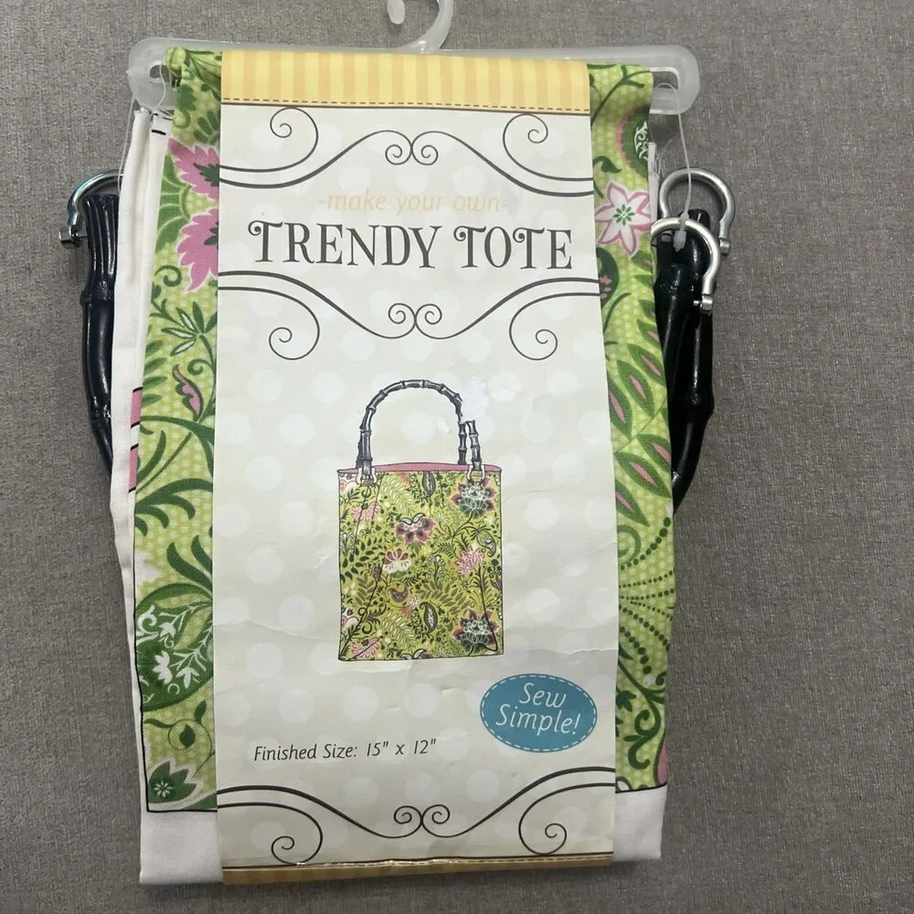New Make Your Own Trendy Tote Kit Green Pink w Black Bamboo Style Handles 15x12